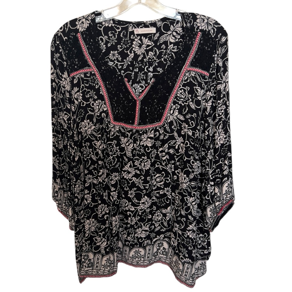 DB Established 1962 Boho Floral Black White Crotchet Trim Tunic Blouse No Size